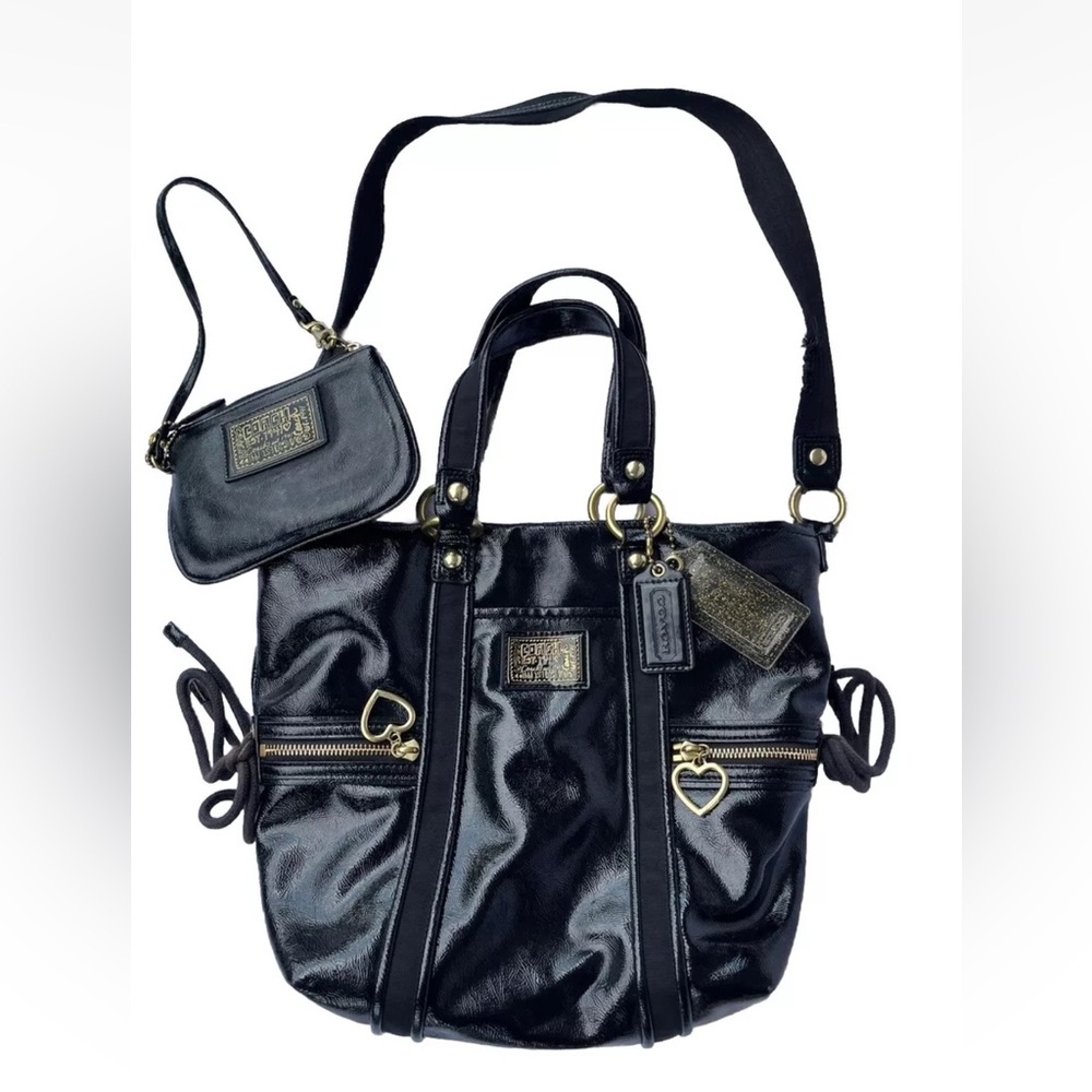 Coach F20047 Poppy Daisy Liquid Gloss Pocket Black Patent Tote Matching Wallet